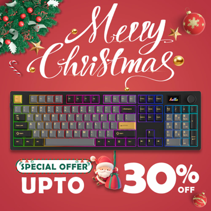 Colorful mechanical gaming keyboard on a Christmas-themed background with special offer up to 30% off