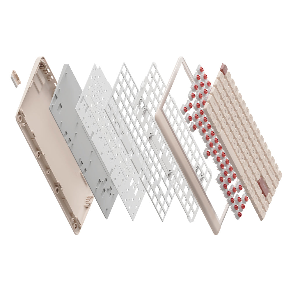 An exploded view of the NEO84, revealing the layered gasket mount design with sound-dampening foam and a polycarbonate plate.