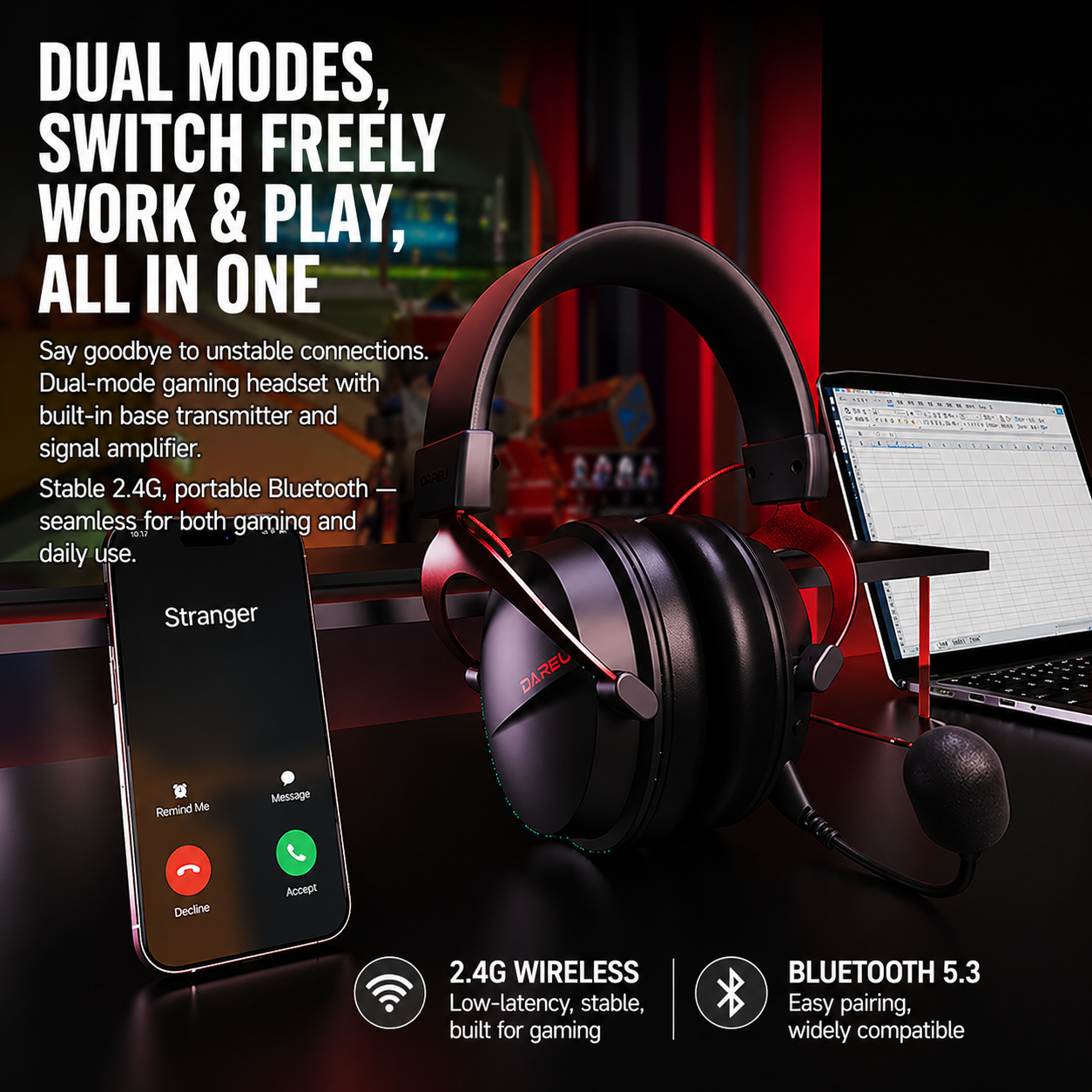Dareu A3 Max 53mm Drivers,100+ Hours Battery, Magnetic Charging Dock, Dual-Mode Wireless Gaming Headphone